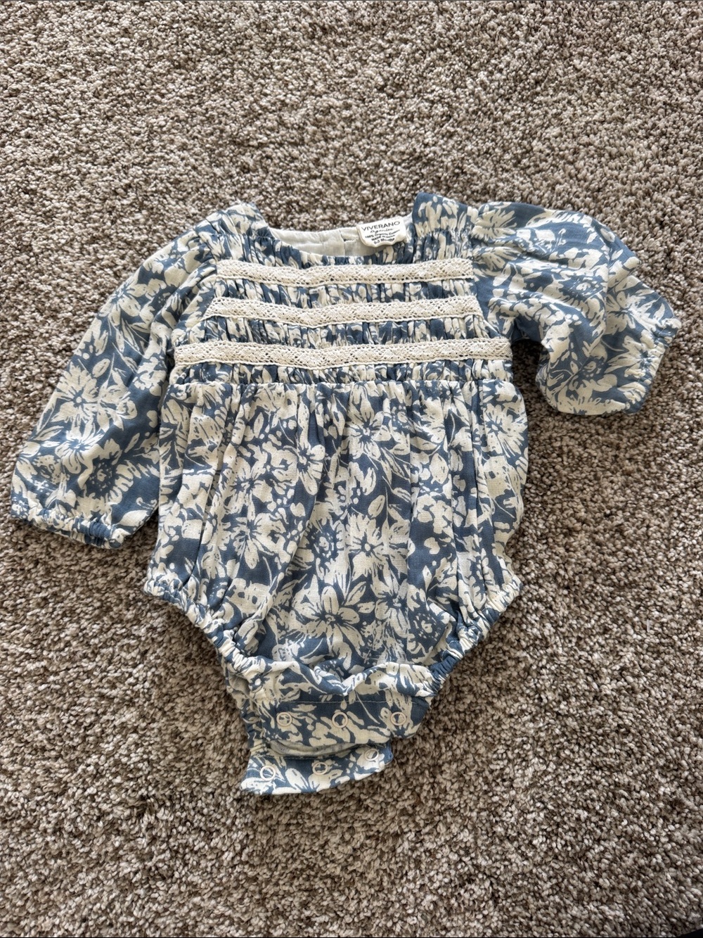 Blue and Cream Floral Lace-Trim Baby One-Piece Romper